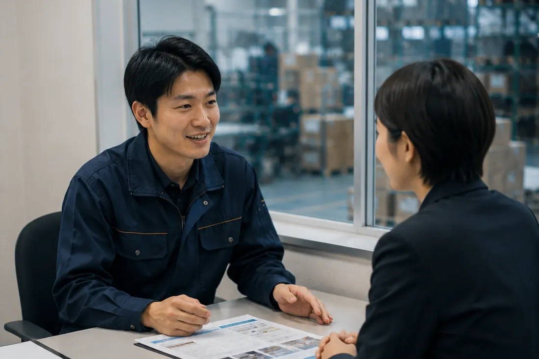 倉庫に併設された事務所で、作業着の担当者と来訪者が机をはさんで話している。机の上には資料が広げられ、窓の向こうに倉庫が見える