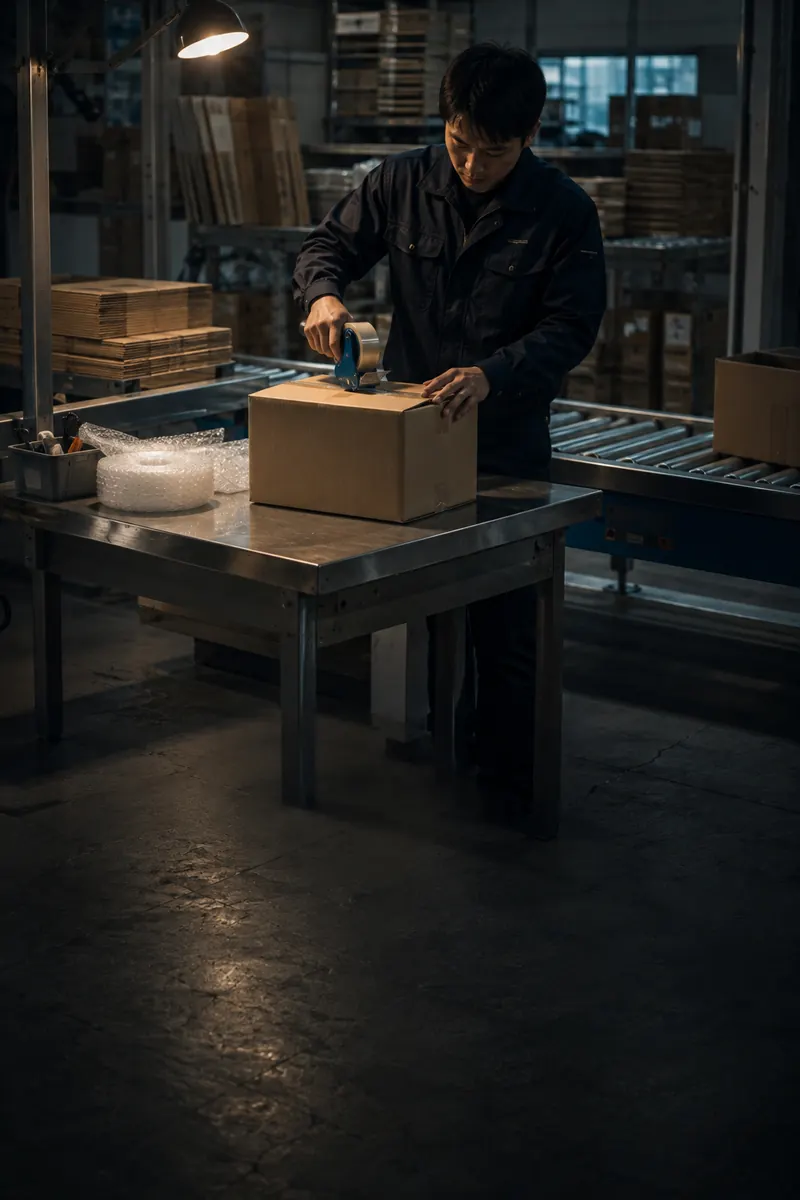 作業台の上で段ボール箱にテープを貼る作業者。奥にローラーコンベアと畳んだ箱が積まれている