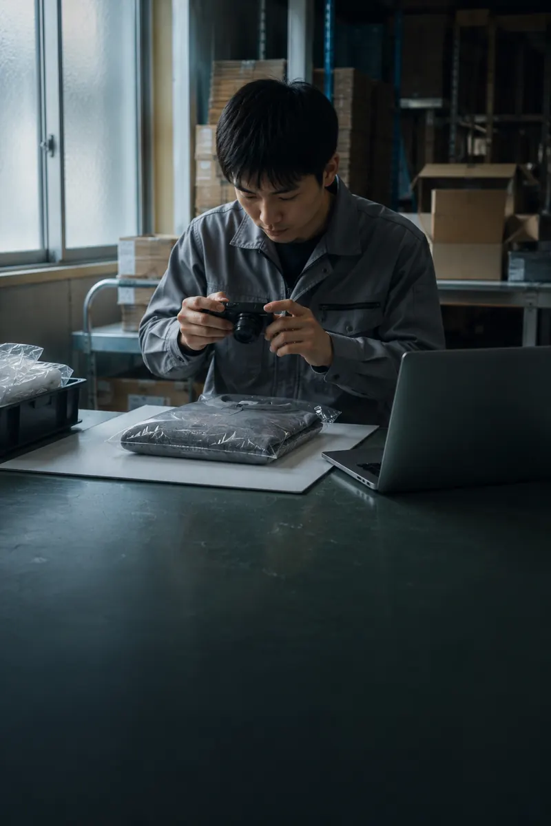 返品された衣類を白いマットの上に置き、小型カメラで撮影して記録している担当者