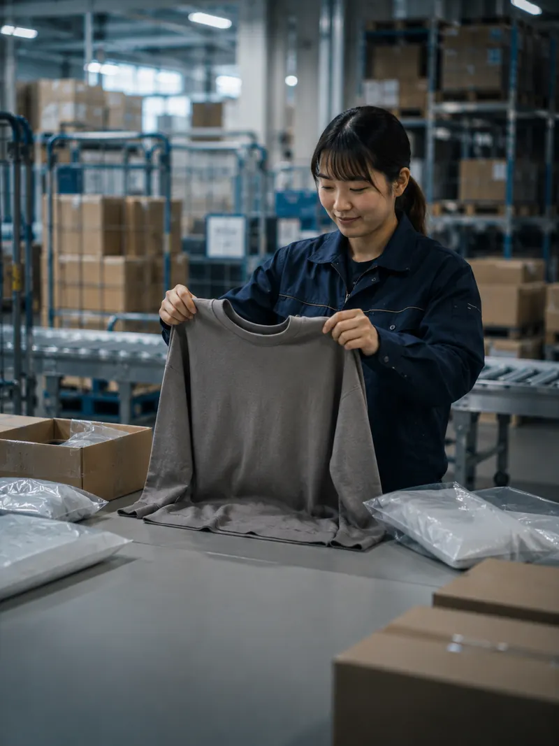 返品された衣類を検品台で広げて確認する作業者。手前に個包装された商品が並んでいる