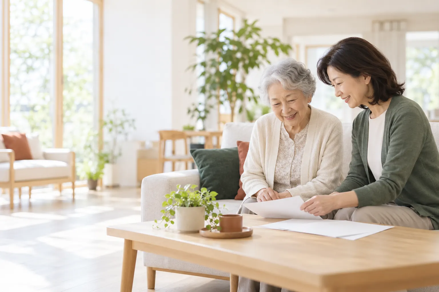 母と娘がソファに並んで資料を見ている（イメージ）