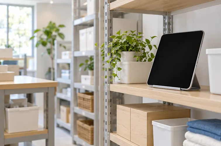 売り場のバックヤードとタブレット（人なし）