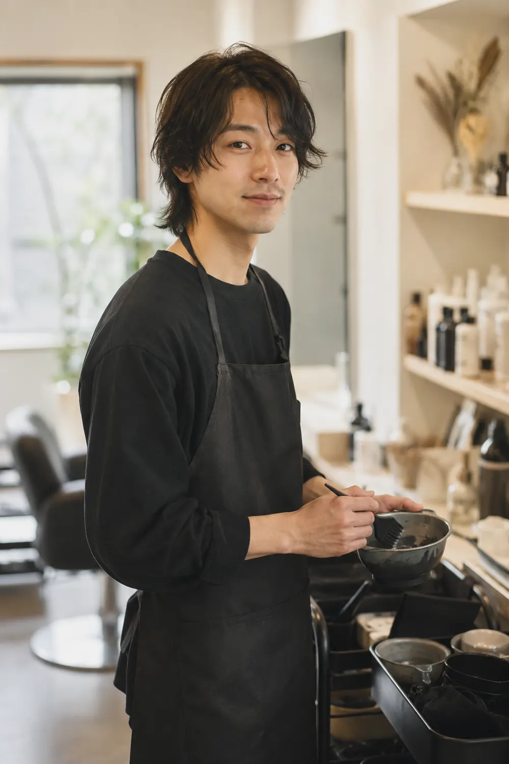 カラー剤のボウルと刷毛を手にカウンターに立つ男性スタイリスト