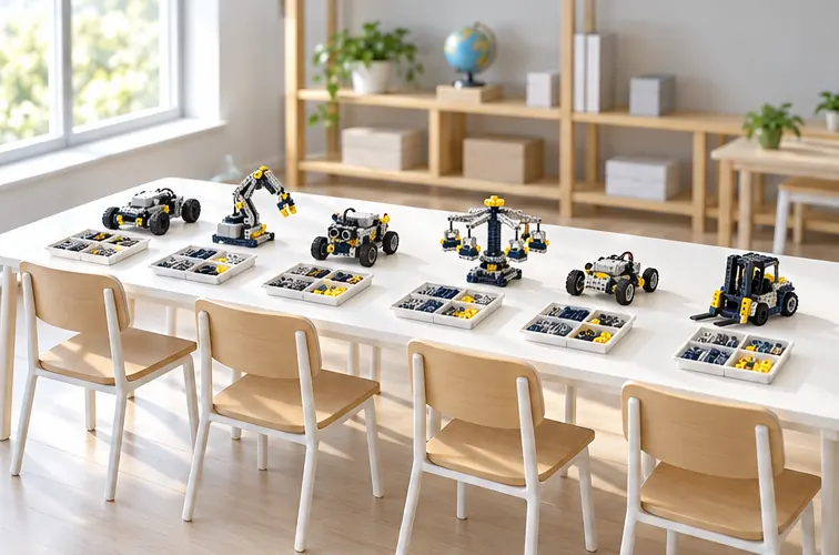 6席の机と作りかけのロボットが並ぶ教室