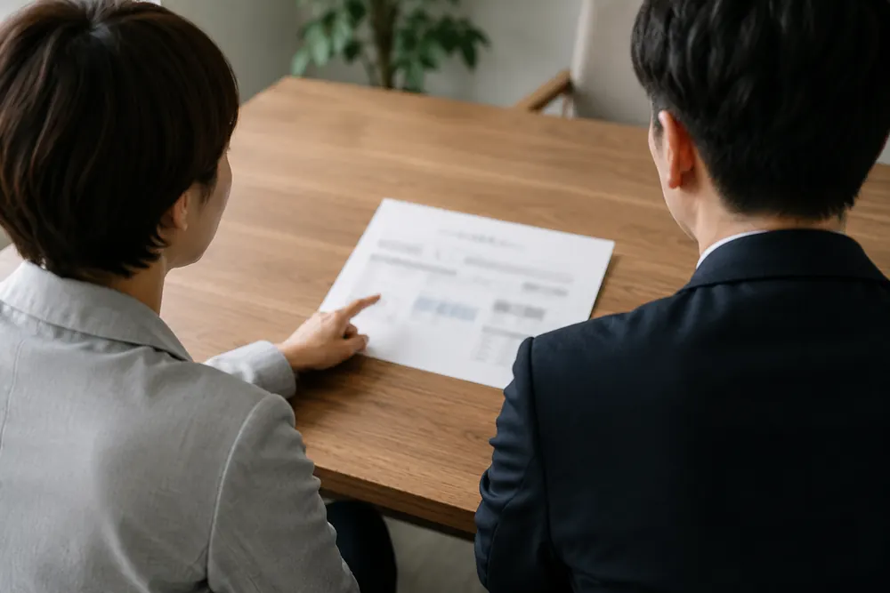 打ち合わせで手元の資料を指す二人