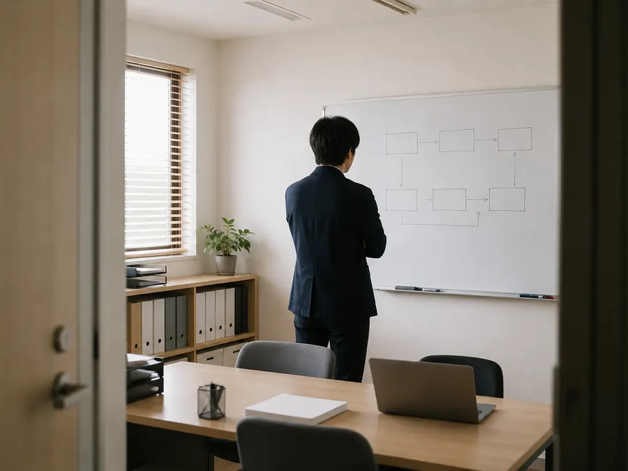 オフィスでホワイトボードに向かう人物の後ろ姿
